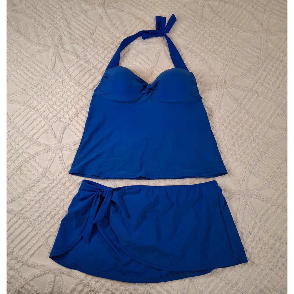 Collections by Catalina Medium Tankini Set Blue Halter Underwire Swim Skirt
